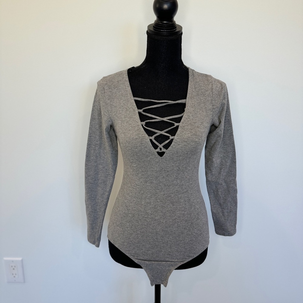 Divided Gray Long Sleeve Thong Bodysuit (S)